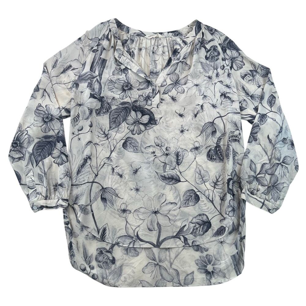 Rebecca Taylor Silk Floral Blouse Womens 6 Ivory Gray Botanical 3/4 Sleeve Tunic